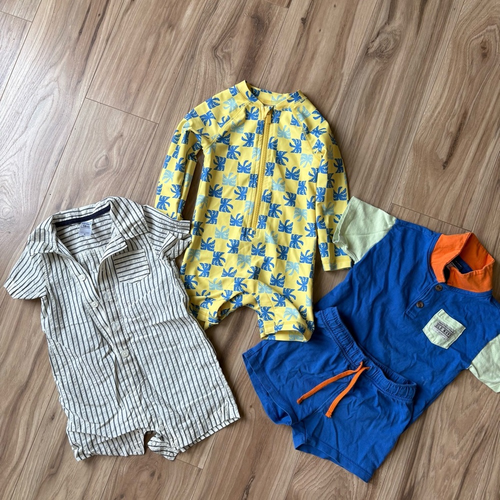 Old Navy Yellow Swim Romper with Blue Palm Print and Front Zip